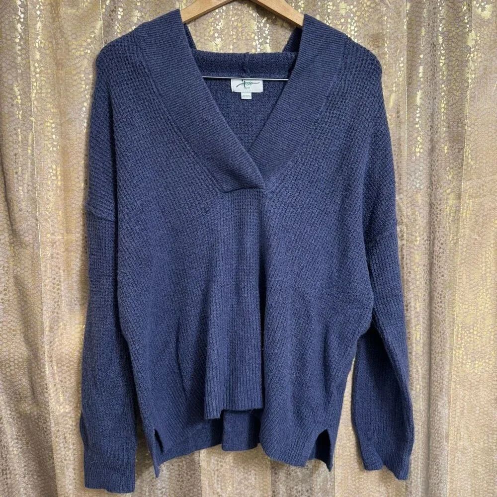 Aerie Navy Blue Cozy Up Waffle Knit Hooded Sweater Oversized XS